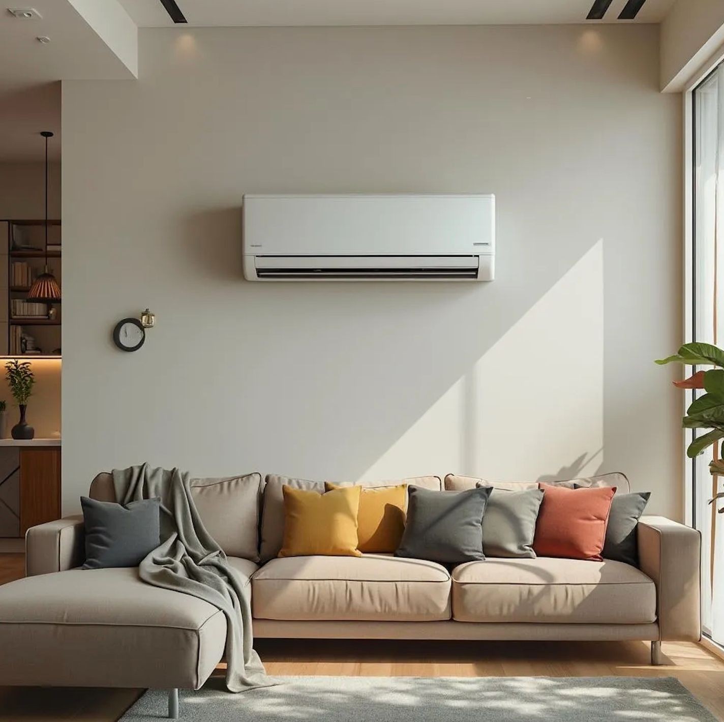 Modern living room with beige sofa, colorful cushions, and wall-mounted air conditioner.